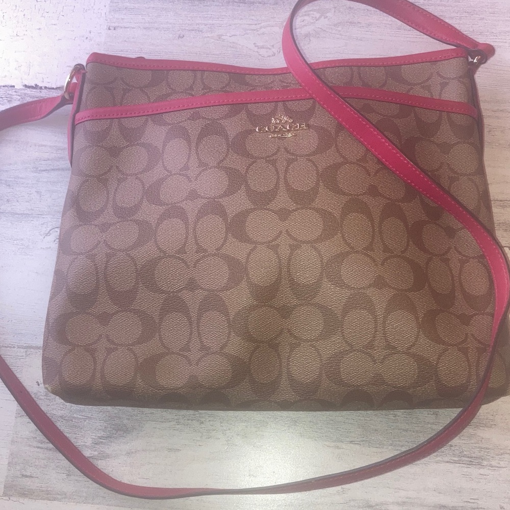 Genuine Coach  File Crossbody Bag Tan and Ruby  Signature Canvas / Leather